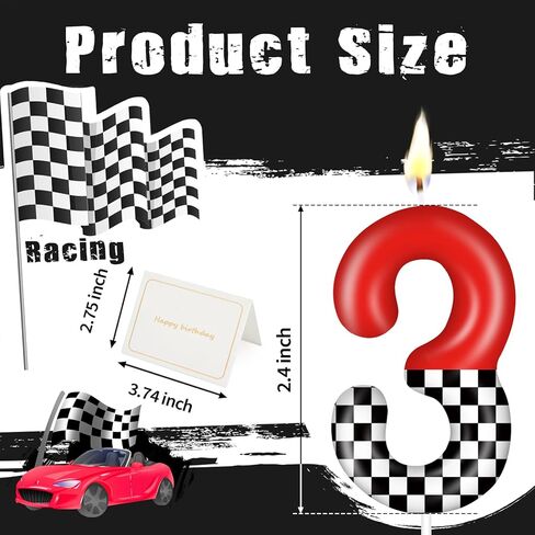 Racing Car Birthday Number Candle with Card, 2.4 inch Cake Topper for Race Car Party Decoration, White Black Checkered Number Candles for Racing-Themed Celebrations Supplies(Red，Number 3) in Saudi Arabia