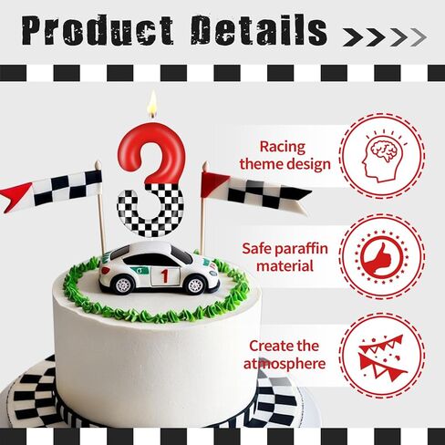 Racing Car Birthday Number Candle with Card, 2.4 inch Cake Topper for Race Car Party Decoration, White Black Checkered Number Candles for Racing-Themed Celebrations Supplies(Red，Number 3) in Saudi Arabia