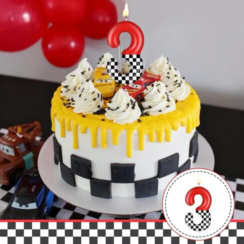 Racing Car Birthday Number Candle with Card, 2.4 inch Cake Topper for Race Car Party Decoration, White Black Checkered Number Candles for Racing-Themed Celebrations Supplies(Red，Number 3) in Saudi Arabia