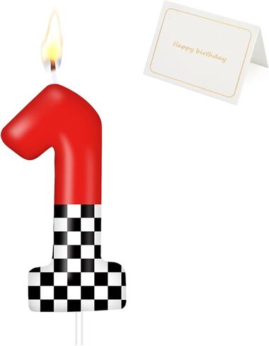 Racing Car Birthday Number Candle with Card, 2.4 inch Cake Topper for Race Car Party Decoration, White Black Checkered Number Candles for Racing-Themed Celebrations Supplies(Red，Number 3) in Saudi Arabia