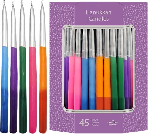 The Dreidel Company Dripless Chanukah Hanukkah Candles Decorative Metallic Tip 2-Tone Multicolor, 45 Candles Deluxe Chanukah Candles for Menorah Clean Burning 1 Hour Burn Time in Kuwait