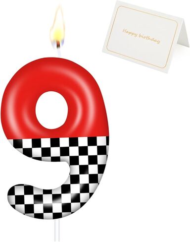Racing Car Birthday Number Candle with Card, 2.4 inch Cake Topper for Race Car Party Decoration, White Black Checkered Number Candles for Racing-Themed Celebrations Supplies(Red，Number 3) in Saudi Arabia