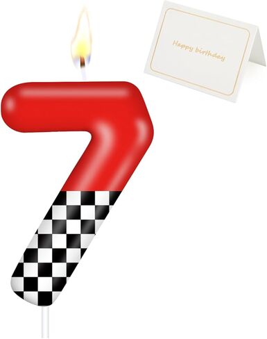 Racing Car Birthday Number Candle with Card, 2.4 inch Cake Topper for Race Car Party Decoration, White Black Checkered Number Candles for Racing-Themed Celebrations Supplies(Red，Number 3) in Saudi Arabia