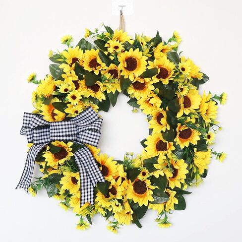 Ansuma Silk Sunflower Wreath, Rustic Farmhouse Decorative Artificial Flower Wreath with Buffalo Plaid Bow Grapevine Rattan Daisy Green Leaves for Front Door Wall Window Party Home Decor (002SF) in Saudi Arabia