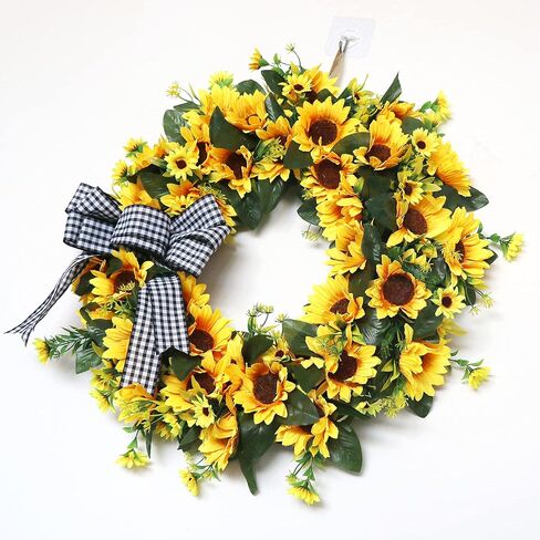 Ansuma Silk Sunflower Wreath, Rustic Farmhouse Decorative Artificial Flower Wreath with Buffalo Plaid Bow Grapevine Rattan Daisy Green Leaves for Front Door Wall Window Party Home Decor (002SF) in Saudi Arabia