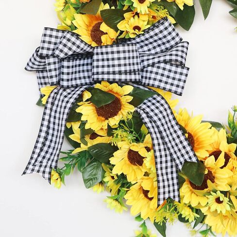 Ansuma Silk Sunflower Wreath, Rustic Farmhouse Decorative Artificial Flower Wreath with Buffalo Plaid Bow Grapevine Rattan Daisy Green Leaves for Front Door Wall Window Party Home Decor (002SF) in Saudi Arabia