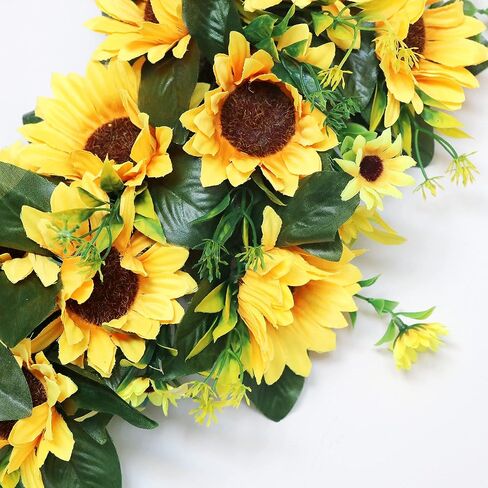 Ansuma Silk Sunflower Wreath, Rustic Farmhouse Decorative Artificial Flower Wreath with Buffalo Plaid Bow Grapevine Rattan Daisy Green Leaves for Front Door Wall Window Party Home Decor (002SF) in Saudi Arabia