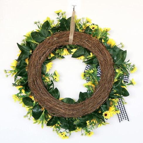 Ansuma Silk Sunflower Wreath, Rustic Farmhouse Decorative Artificial Flower Wreath with Buffalo Plaid Bow Grapevine Rattan Daisy Green Leaves for Front Door Wall Window Party Home Decor (002SF) in Saudi Arabia