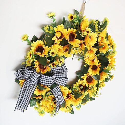 Ansuma Silk Sunflower Wreath, Rustic Farmhouse Decorative Artificial Flower Wreath with Buffalo Plaid Bow Grapevine Rattan Daisy Green Leaves for Front Door Wall Window Party Home Decor (002SF) in Saudi Arabia