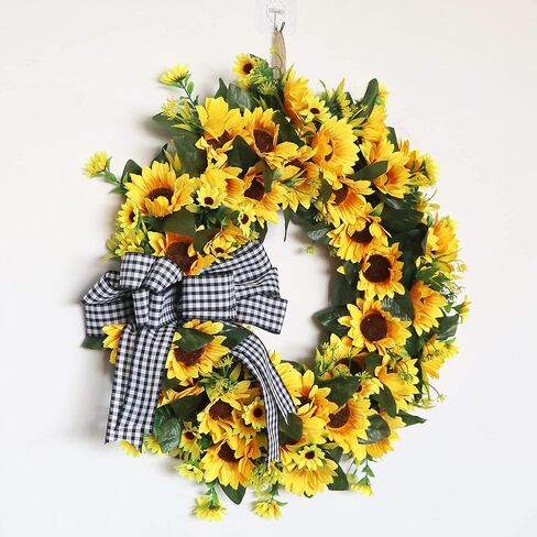 Ansuma Silk Sunflower Wreath, Rustic Farmhouse Decorative Artificial Flower Wreath with Buffalo Plaid Bow Grapevine Rattan Daisy Green Leaves for Front Door Wall Window Party Home Decor (002SF) in Saudi Arabia