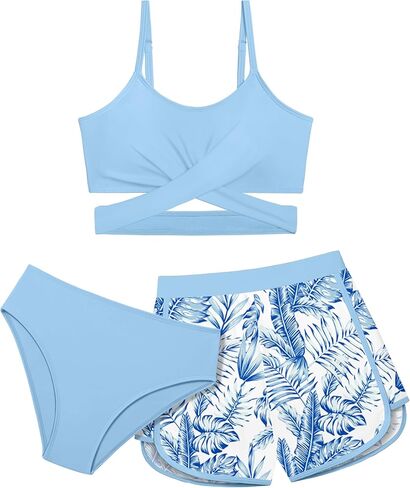 Girls Swimsuit 3 Piece Bathing Suit Criss Cross Bikini Set Girls' Swimwear with Shorts 7-16T in Kuwait
