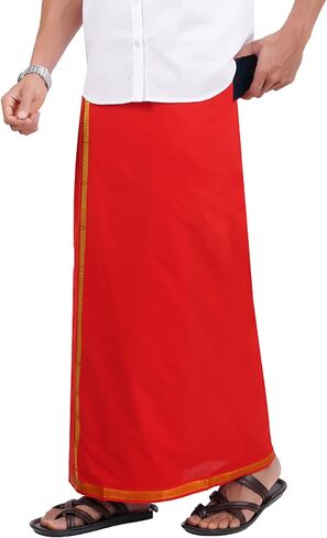 PRAKASAM COTTON رجالي أحمر اللون Jari قطن مرن مقاس Welcro Pocket Dhoti (JARI-RED) in Kuwait