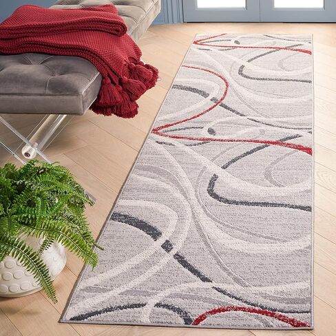 سجادة عداء من مجموعة SAFAVIEH Odyssey - عداء 2'2" × 8'، رمادي وأحمر عاجي، تصميم تجريدي حديث، مثالي للمناطق ذات حركة المرور العالية في غرفة المعيشة وغرفة النوم وغرفة الطعام (ODY812I-28) in Saudi Arabia