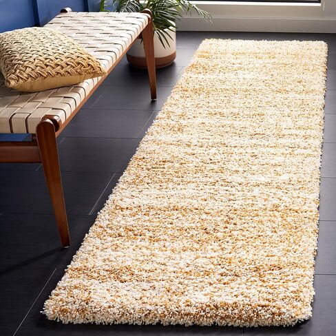 سجادة SAFAVIEH Hudson Shag Collection - 2'3" x 12'، عاجي وذهبي، تصميم تجريدي حديث، لا يتساقط ويسهل العناية به، سمك 2 بوصة مثالي للمناطق ذات حركة المرور العالية في غرفة المعيشة وغرفة النوم (SGH295G) in Saudi Arabia