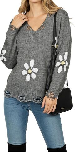 Maxure Women's V Neck Raw-Edge Fuzzy Sweater Trendy Long Sleeve Ribbed Knit Pullover Sweaters Dressy Casual Tops Clothes in Saudi Arabia