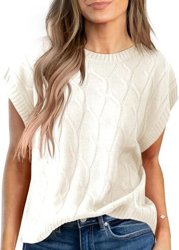 Womens Cap Sleeve Sweater Tops Cable Knit Crew Neck Summer Lightweight Oversized Loose Vest Top in Saudi Arabia