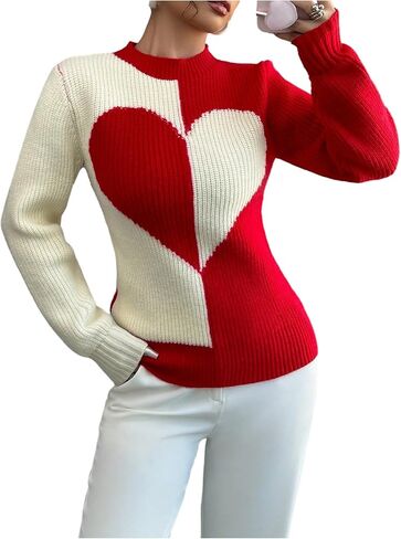 GORGLITTER Women's Colorful Heart Sweater Valentines Long Sleeve Crew Neck Fall Knit Pullover in Saudi Arabia