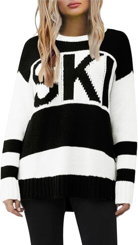 Women Color Block Ski Print Sweater Knit Oversized Crew Neck Long Sleeve Pullover Sweaters Tops in Saudi Arabia