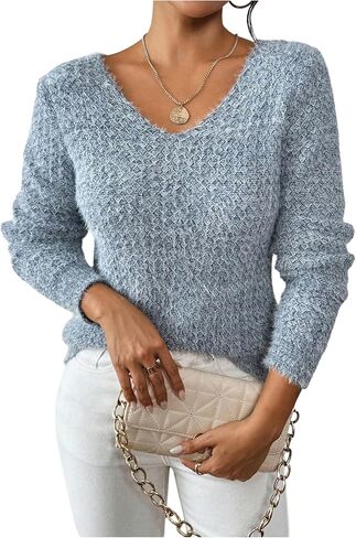 MakeMeChic Women's V Neck Sweater Long Sleeve Knitted Lightweight Pullover Tops in Saudi Arabia