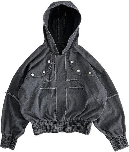 Men's retro washed studded casual hoodie pullover with ribbed cuffs and hem, casual long sleeved shirt in Saudi Arabia