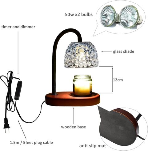 ArbaroClara Candle Warmer Lamp Adjustable with Timer and Dimmer, Electric Wax Melt Heat Light Dimmable Flameless, Vintage Farmhouse Style, Wood Base, Glass Shade Smoky Gray Color, with 2 Bulbs in Saudi Arabia