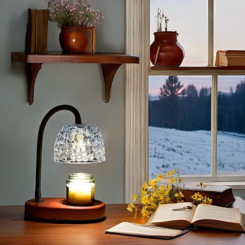 ArbaroClara Candle Warmer Lamp Adjustable with Timer and Dimmer, Electric Wax Melt Heat Light Dimmable Flameless, Vintage Farmhouse Style, Wood Base, Glass Shade Smoky Gray Color, with 2 Bulbs in Saudi Arabia
