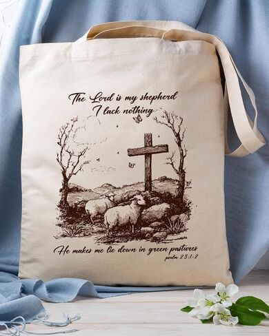 Geondos Christian Psalm 23:1-2 Canvas Tote Bag, The Lord Is My Shepherd Bible Verse Totes, Christian Reusable Shopping Bags, Shoulder Bags for Casual Vacation Shopping Work in Saudi Arabia