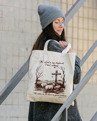 Geondos Christian Psalm 23:1-2 Canvas Tote Bag, The Lord Is My Shepherd Bible Verse Totes, Christian Reusable Shopping Bags, Shoulder Bags for Casual Vacation Shopping Work in Saudi Arabia