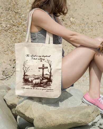 Geondos Christian Psalm 23:1-2 Canvas Tote Bag, The Lord Is My Shepherd Bible Verse Totes, Christian Reusable Shopping Bags, Shoulder Bags for Casual Vacation Shopping Work in Saudi Arabia
