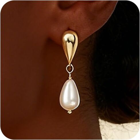 Shengkeao Pearl Earrings for Women - 14K Gold Plated Pearl Drop Earrings Dainty Round Pearls Dangle Earrings Wedding Jewelry Bride Earrings for Women Gifts in Saudi Arabia