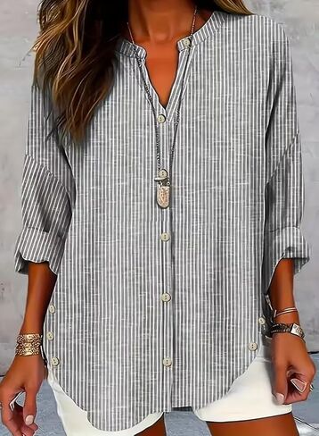 Women's Plus Size V-Neck Long-Sleeved Button-Down Shirt in Saudi Arabia