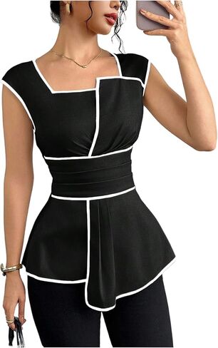 SOLY HUX Women's Square Neck Cap Sleeve Blouse Peplum Asymmetrical Summer Casual Work Tops in Saudi Arabia