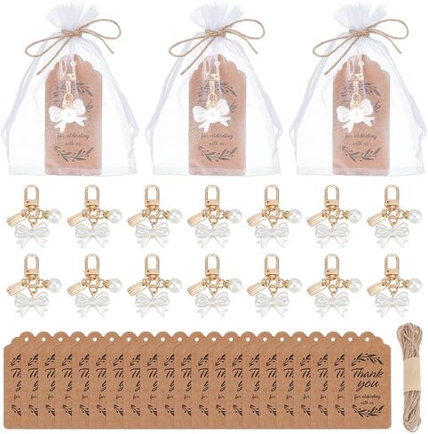 WEBEEDY 30 Set Pearl Bow Party Favors Keychain Cute Bowknot Charm Keychain with Tag, Organza Bag and Hemp Rope Wedding Party Souvenirs Thank You Key Chains for Baptism Bag Charms Gift in Saudi Arabia