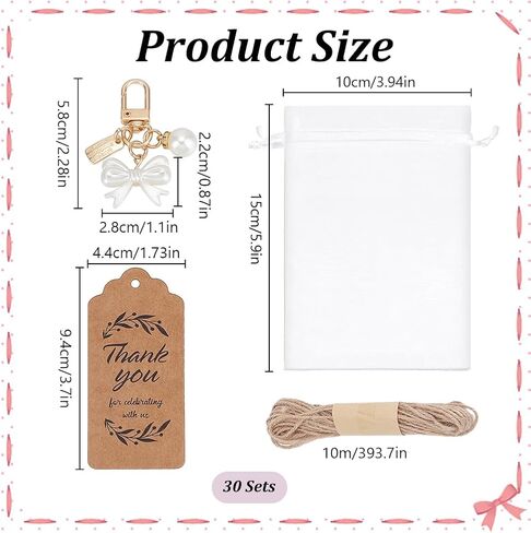 WEBEEDY 30 Set Pearl Bow Party Favors Keychain Cute Bowknot Charm Keychain with Tag, Organza Bag and Hemp Rope Wedding Party Souvenirs Thank You Key Chains for Baptism Bag Charms Gift in Saudi Arabia
