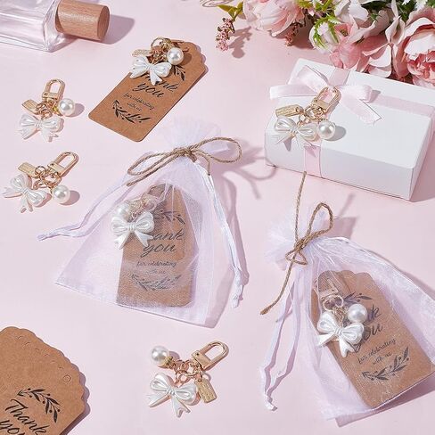 WEBEEDY 30 Set Pearl Bow Party Favors Keychain Cute Bowknot Charm Keychain with Tag, Organza Bag and Hemp Rope Wedding Party Souvenirs Thank You Key Chains for Baptism Bag Charms Gift in Saudi Arabia