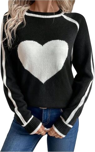 Verdusa Women's Heart Print Raglan Sleeve Sweaters Crew Neck Color Block Fall Pullovers in Saudi Arabia