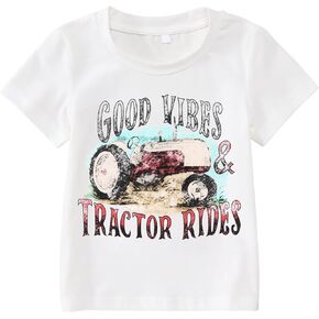 BOUTIKOME Toddler Baby Boys Shirts Tractor Rides Graphic T-Shirt Kids Girls Short Sleeve Tees Summer Tops