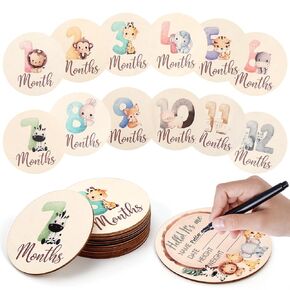 Monthly Baby Milestone Cards - Pregnancy and Baby Shower Gifts,Baby Monthly Milestone Cards with Animals Printed Milestone Wooden Discs Includes Boy/Girl Birth Announcement Sign
