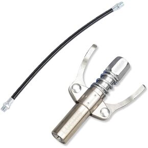 LUGRIS Premium Grease Gun Coupler, Strong Lock on Zerk Grease Fittings. Quick Release Grease Gun Holder Nozzle with 12" Grease Gun Hose (1 Set)