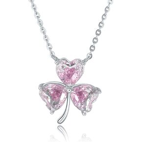 SUNFEEL S925 Sterling Silver Necklace for women,Heart&Clover with Pink Cubic Zirconia,for Girls, Mother's Day, Birthday,Daughter, Wife, Girlfriend