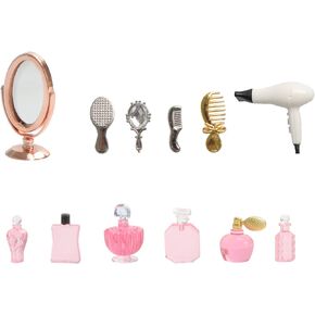 1/12 Scale Miniature Bathroom Accessories Kit Mini Plastic Hair Dryer Brush Comb Mirror Perfume Bottles Set for Mini House Bedroom Decoration,Set A