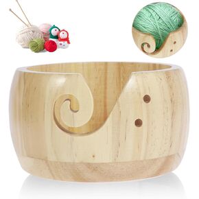 Wooden Yarn Bowl, Knitting Yarn Holder, Pine Crochet Bowl Holder with Carved Holes, Round Yarn Storage Bowl, Wooden Weaving Thread Bowl, 5.9x5.9x3in Yarn Holder for Crocheting DIY Crafts