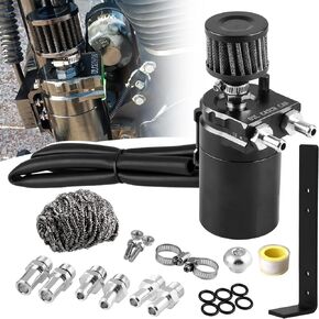 RULLINE Universal 350ml Oil Catch Can Tank 0046 Aluminum Polish Baffled Reservoir with Breather Filter with 3/8" Fuel Line with Bracket Black