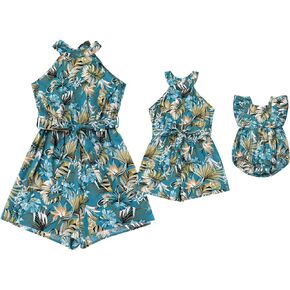 AWIBMK Mommy and Me Floral Leaf Family Matching Summer Beach Hawaiian Vacation Jumpsuit Romper Summer Casual Clothes
