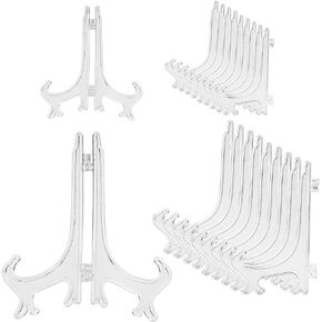 20 Pack Plastic Easel Plate Stands for Display Pictures, Photo, Dish, Art Pieces, Certificates, Placecard, Posters, Envelopes and Small Boards, 2 Size 3" 6" (Clear)
