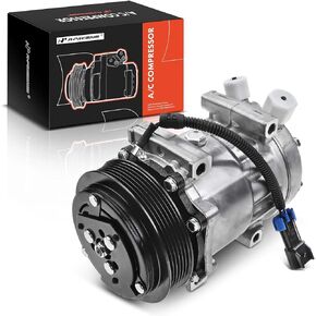 A-Premium Air Conditioner AC Compressor with Clutch Compatible with Caterpillar, Freightliner, Kenworth, Mack, Peterbilt, Volvo Truck, For SD7H15 Compressor, w/2-Pin Connector, 6 Grooves