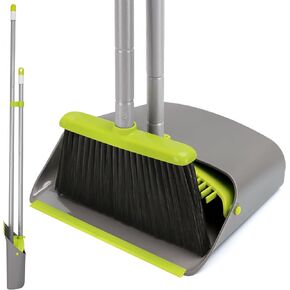 Standing Dustpan and Broom Set with 52" Long Extendable Handle for Home, Indoor, Kitchen Room Office Lobby Floor Cleaning