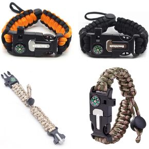 Smithok Paracord Survival Bracelet-Length Adjustable,Loud Whistle Emergency Compass Survival Fire Starter Scraper Accessories for Hiking and Camping and Hunting 4-Pack(Muti-Color)