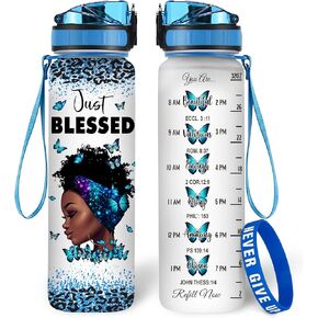Hyturtle Africa American Black Woman Water Bottle - 32 Oz 1Liter Motivational Bottle With Time Marker, Just Blessed Gifts For Black Women, Girls, Daughter on Birthday, Christmas