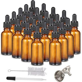 Fashionwu Dropper Bottle 1 oz, 24 Pieces Eye Dropper Bottle, 30ml Amber Glass Bottle for Essential Oils, Liquids, Essential Oil Dropper Bottle with 3pcs Stainless Steel Funnels, Long Glass Dropper